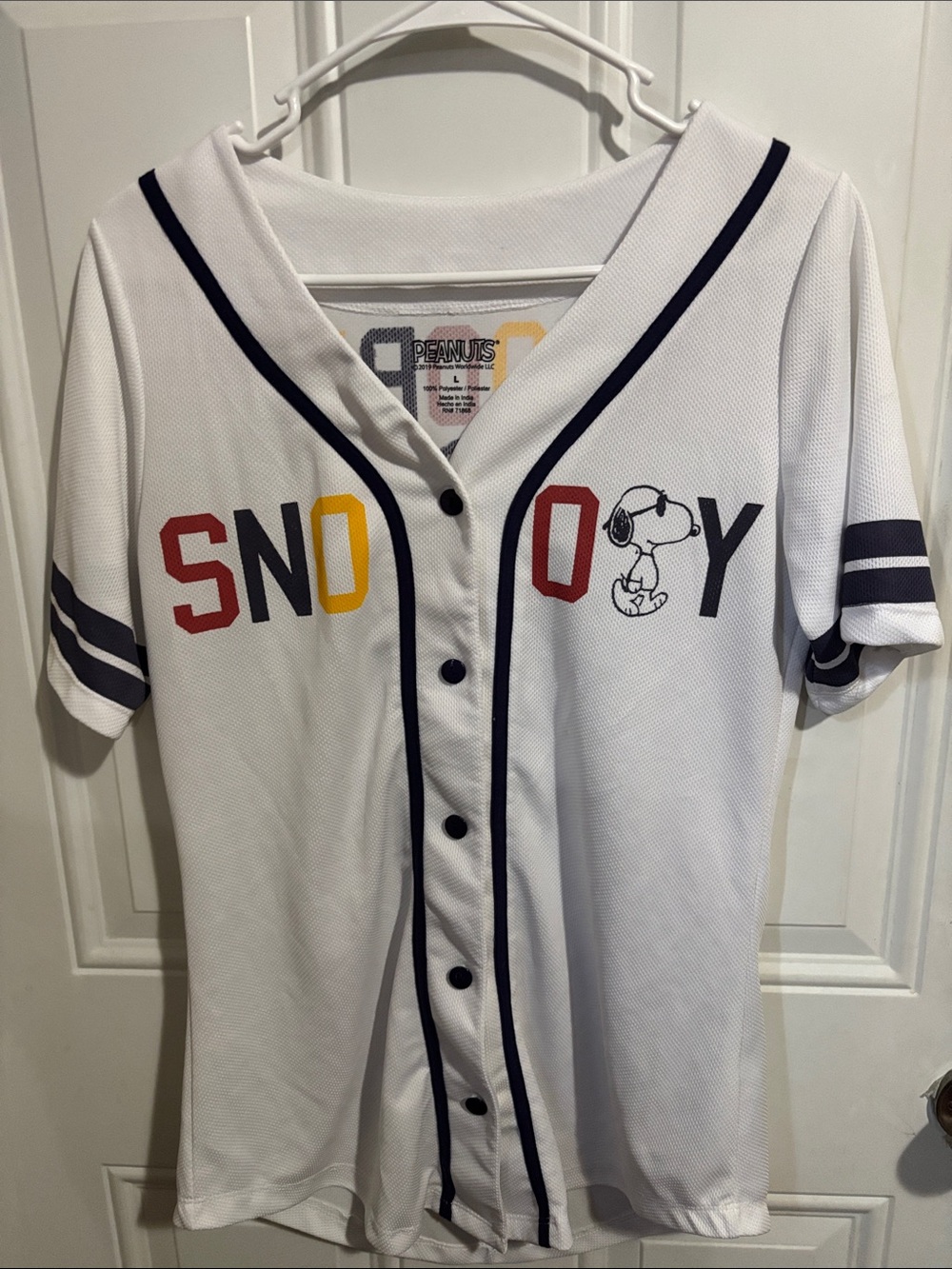 Peanuts White Baseball-Style Jersey with Multicolor SNOOPY Letters